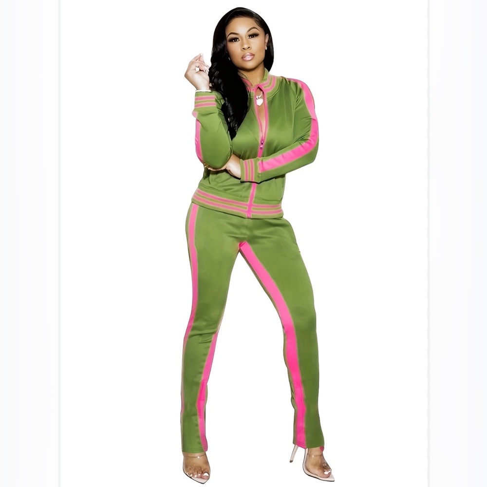 Green and Pink Women's Tracksuit Activewear Casual Two Piece Women